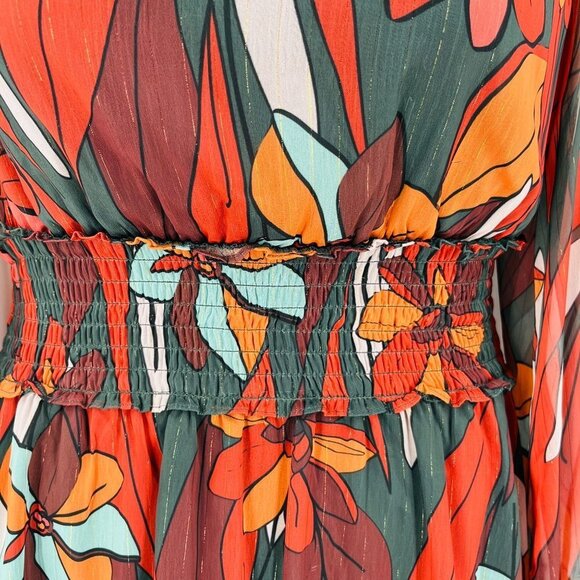 Forest Lily Mini Dress Size XS High Neck, Elastic Waist Fall Print Metallic - Picture 8 of 16